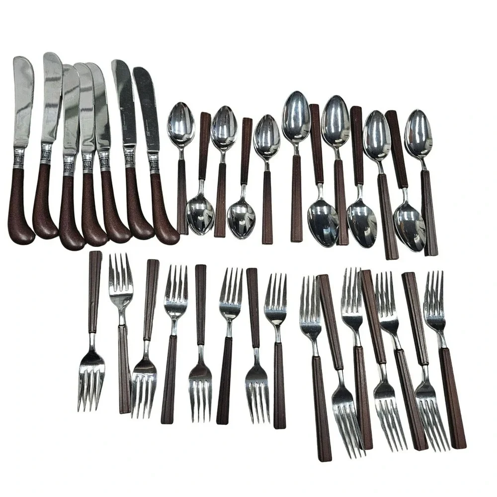 Vintage EKCO ETERNA Rare Shape Brown‎ Faux Wood Handle Flatware Forks 34 Pieces